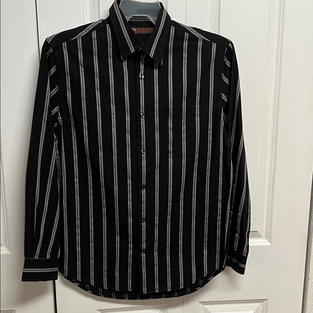 Perry Ellis Black and Silver Striped Pocket Long Sleeve Dress Shirt Size M